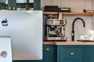 You'll find space for work space essentials like a coffee machine in the Meridian office shepherd hut